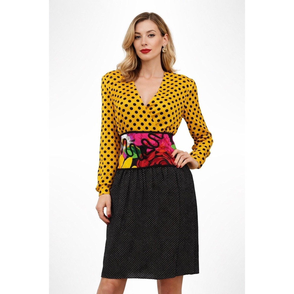 Peggy Jennings Vintage Dress Polka Dot Colorblock Floral‎ Waist Size 8
